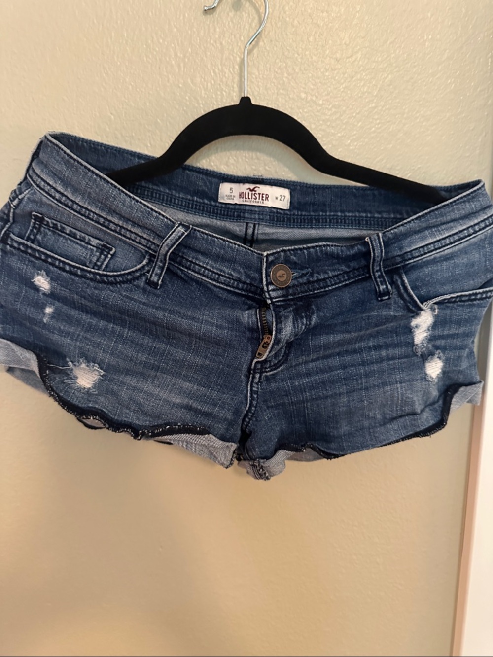 Hollister Women's Distressed Dark Blue Denim Cutoff Shorts